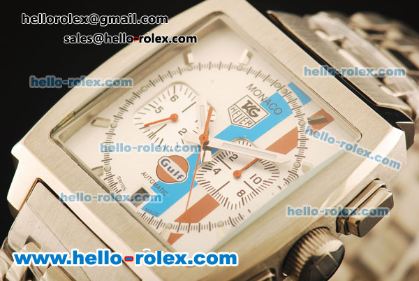Tag Heuer Monaco Gulf Automatic Movement Steel Case with White Dial and Silver Markers - Click Image to Close